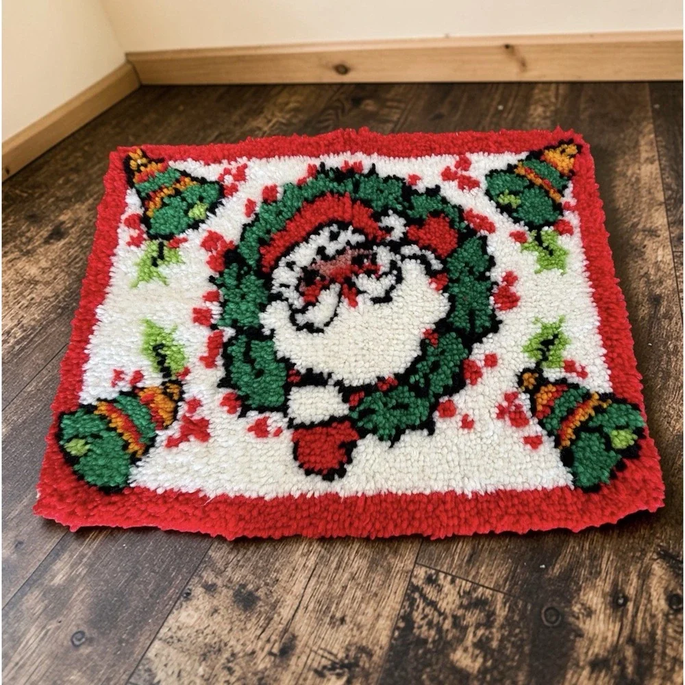 Vintage Handmade Christmas Santa Latch Hook Rug Wall Hanging Decor Granny Kitscy